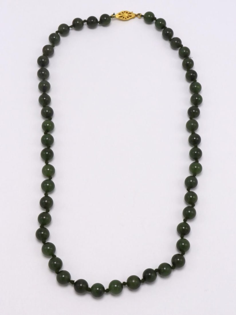 Chinese 14Kt Yellow Gold & Nephrite Jade Beaded Necklace (1 of 3)