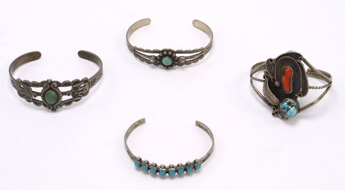 Four Native American Sterling & Semi-Precious Stone Cuffs (1 of 5)