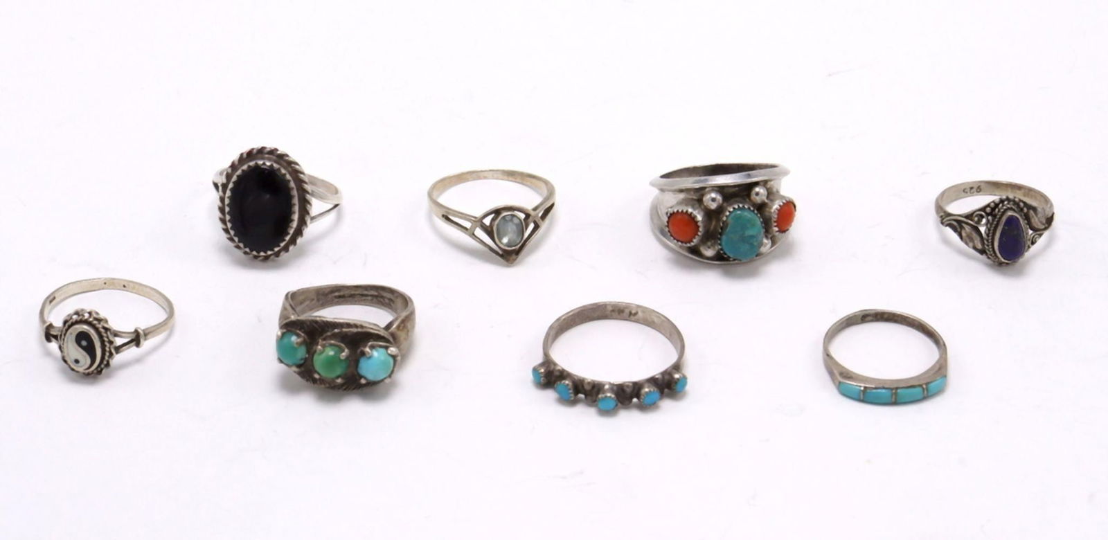Eight Native American Semi-Precious Stone & Sterling Rings (1 of 3)