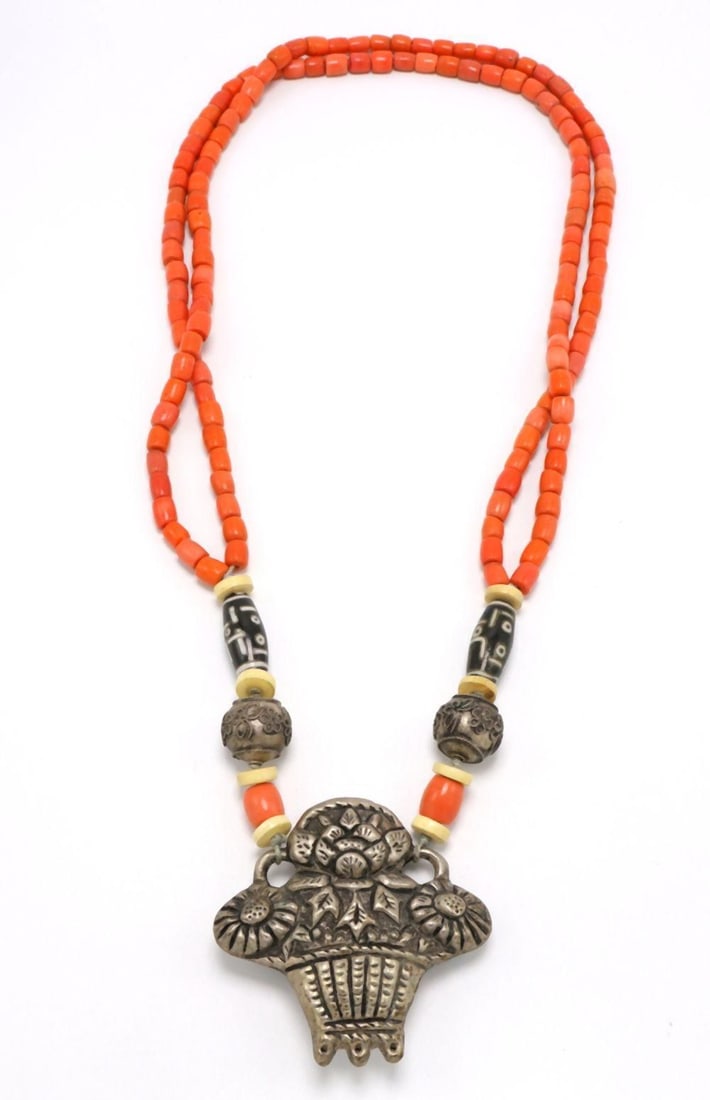 Chinese Coral & Metal Floral Motif Necklace: Chinese Coral & Metal Floral Motif Necklace. Measures approx. - 28" long. Two-strand necklace. Have a similar item to sell? Contact us at info@marketauctionsinc.com **If you do not want us