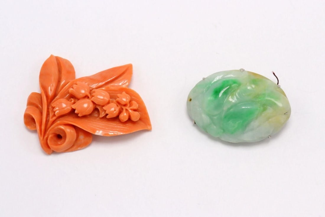 Two Chinese Carved Coral & Jade Pieces (1 of 2)