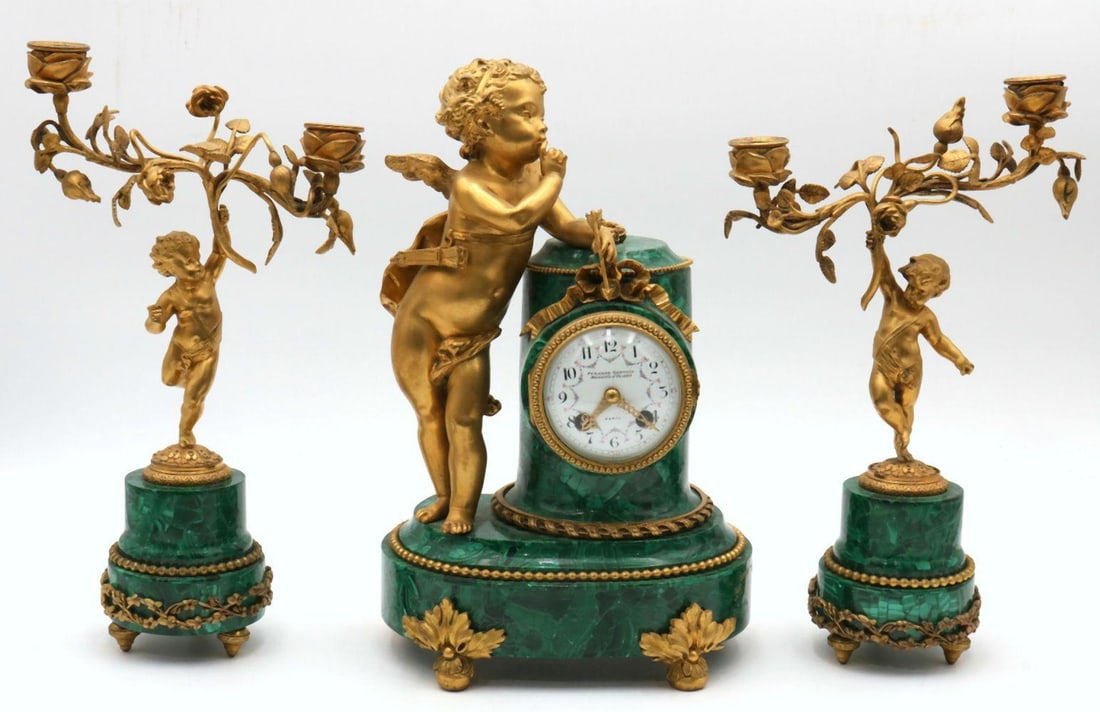 Antique French Louis XVI Gilt Bronze & Malachite Clock Set (1 of 12)