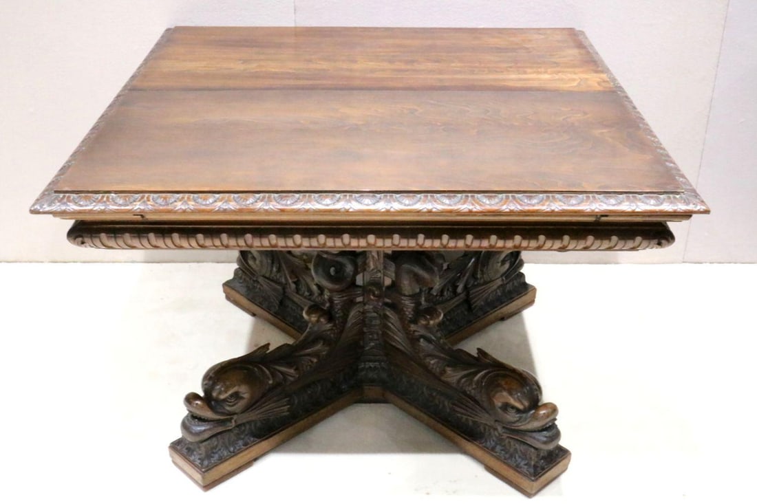 Unique Renaissance Revival Carved Dauphin Mahogany Table (1 of 11)