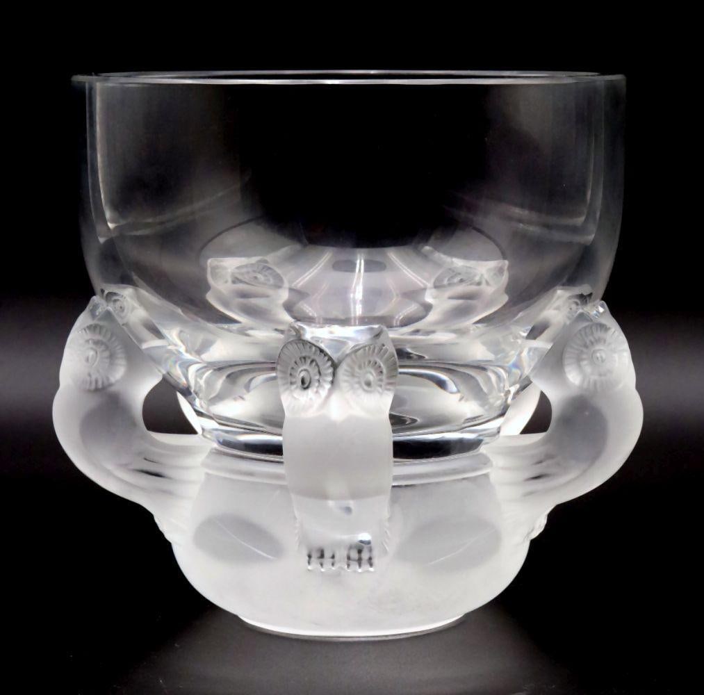 Lalique "Hiboux" Crystal Vase: Lalique France "Hiboux" Crystal Vase/Bowl. Depicting five owls at the foot of the frosted glass base, very heavy. Measures approx. 5 1/4" high x 5 1/8" wide. Overall appears to be in l