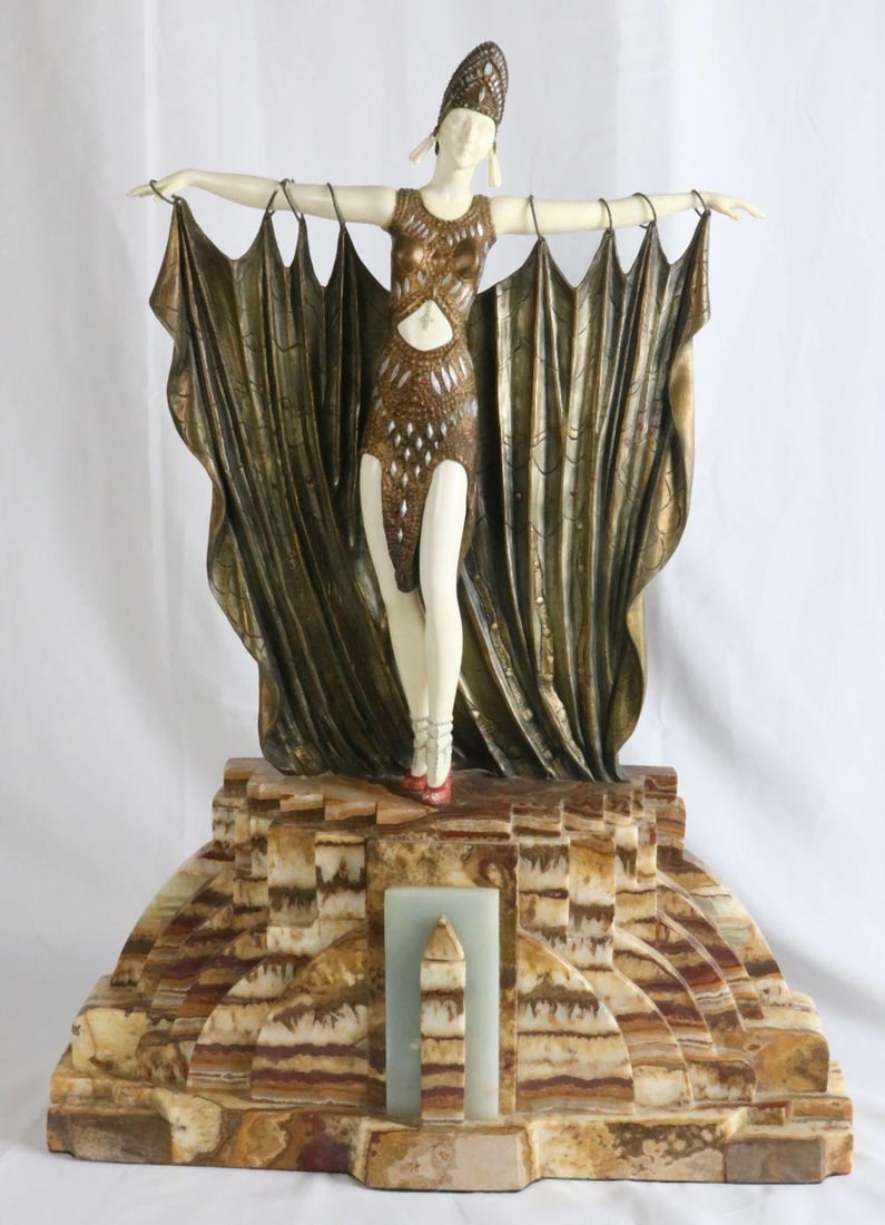 After Demetre Chiparus "Semiramis" Bronze & Onyx Sculpture: After Demetre Chiparus (Romanian/French, 1886-1947 "Semiramis" Bronze & Onyx Sculpture. Art Deco, cold painted sculpture. Measures approx. - 26" wide x 20" wide x 4" deep. Sign
