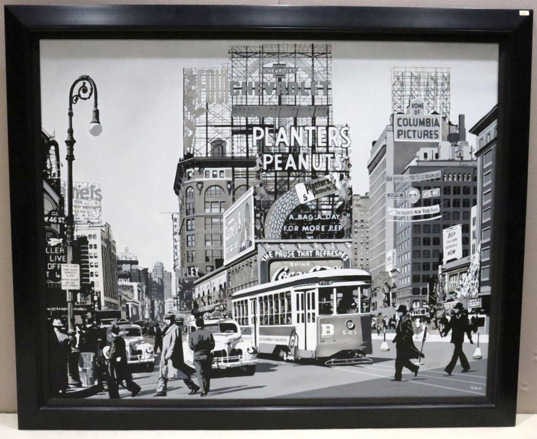 Ilkin Deniz (Turkish, b.1961) Acrylic Painting on Canvas "New York City": Ilkin Deniz (Turkish, b.1961) Acrylic Painting on Canvas "New York City". Depicting a bustling scene out of 1950's New York. Measures approx. - 59" wide x 48" high, with frame - 68