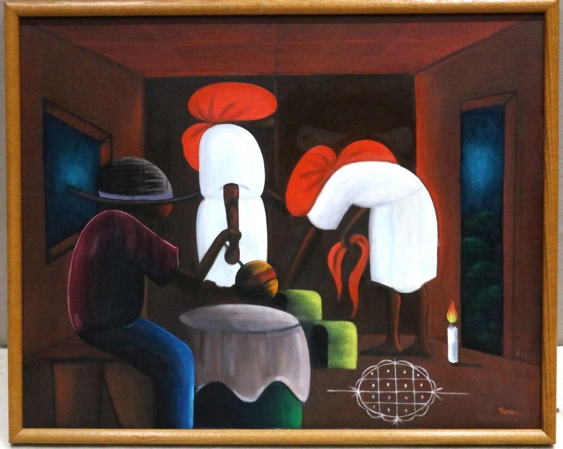 Signed Thomas Haitian Folk Art Oil Painting on Canvas (1 of 7)