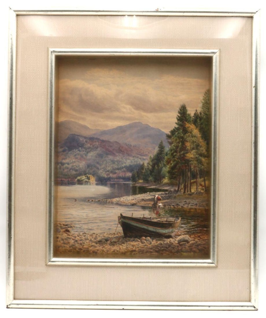 Gertrude Martineau (British, 1840-1924) Watercolor: Gertrude Martineau (British, 1840-1924) Watercolor. Depicting Loch-An-Eilan, a beautiful lake in Scotland. Measures approx. - 12" width x 15" height, with frame- 18 1/2" width x 22" he