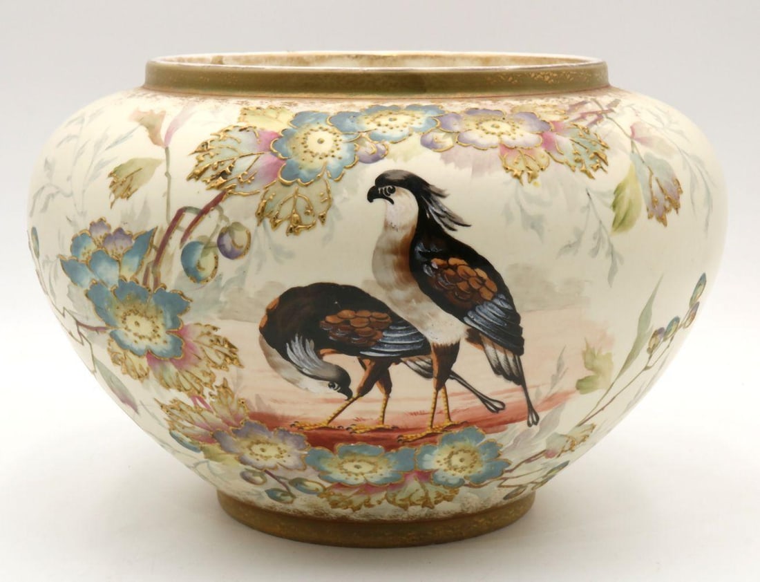 Antique Royal Bonn Hand Painted Porcelain Large Bowl: Antique Royal Bonn Hand Painted Porcelain Large Bowl. Depicting bird and floral design throughout bowl, raised gilt painted. Measures approx. - 7 3/4" high x 11 1/2" diameter. Have a similar i