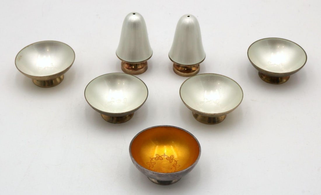 7 Pc. Norwegian and Danish Enamel & Sterling Shakers and Cellars (1 of 7)