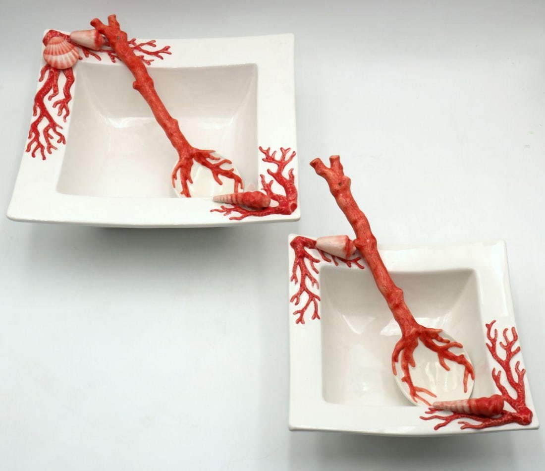 Italian Ceramic "Coral" Serving Bowls and Spoons: Italian Ceramic "Coral" Serving Bowls and Spoons. Large bowl measures approx. - 4 3/4" high x 12 1/4" wide, small bowl measures approx. - 4" high x 9 1/4" wide, serving spoons 