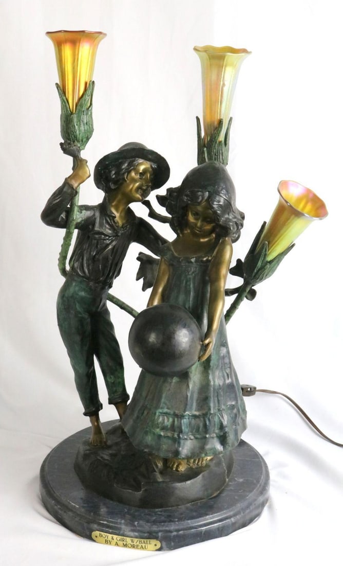 After Auguste Moreau "Boy & Girl with Ball" Bronze Lamp Sculpture (1 of 6)
