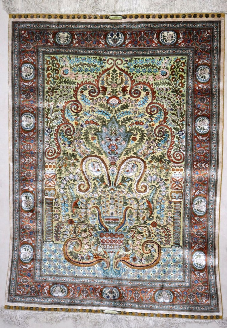 Persian Gold Silk Hand-Woven Qum Rug 5' x 4' (1 of 4)