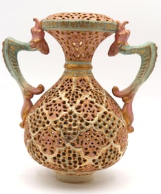 Fischer J. Budapest Hungary Porcelain Reticulated Double-Handled Vase