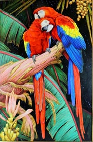 David Ord Kerr (British, 1951) "Pair of Scarlett Macaws" Oil Painting on Panel