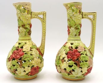 Pair of Fischer J. Budapest Hungary Porcelain Pitchers
