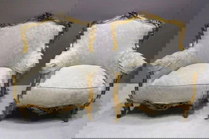 Antique French Bergere Ormolu Gilt Lounge Chairs