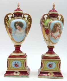 Pair of Royal Vienna Style Porcelain Covered Urns