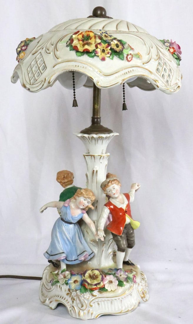 Antique Von Schierholz German Hand Painted Porcelain Lamp: Antique Von Schierholz German Hand Painted Porcelain Lamp. Depicting children dancing around. Measures approx. - 19" high x 11" diameter. In working condition. Please note - one childs are is 