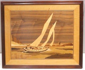 Nelson "Schooner Under Sail" Inlaid Wooden Marquetry