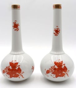 Pair of Herend "Chinese Bouquet, Rust" Porcelain Bud Vases