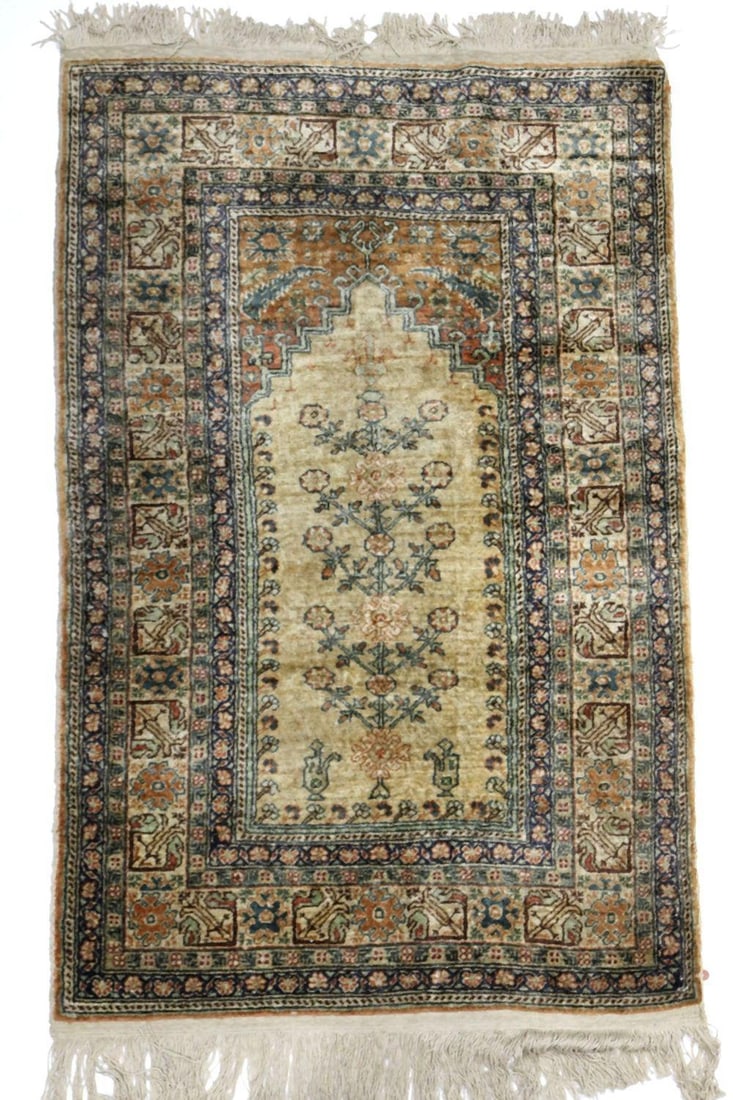 Vintage Persian 100% Cotton Qum Prayer Rug 2' x 4' (1 of 5)