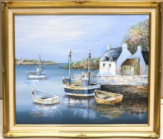 Signed Evans Boat Scene Oil Painting on Canvas