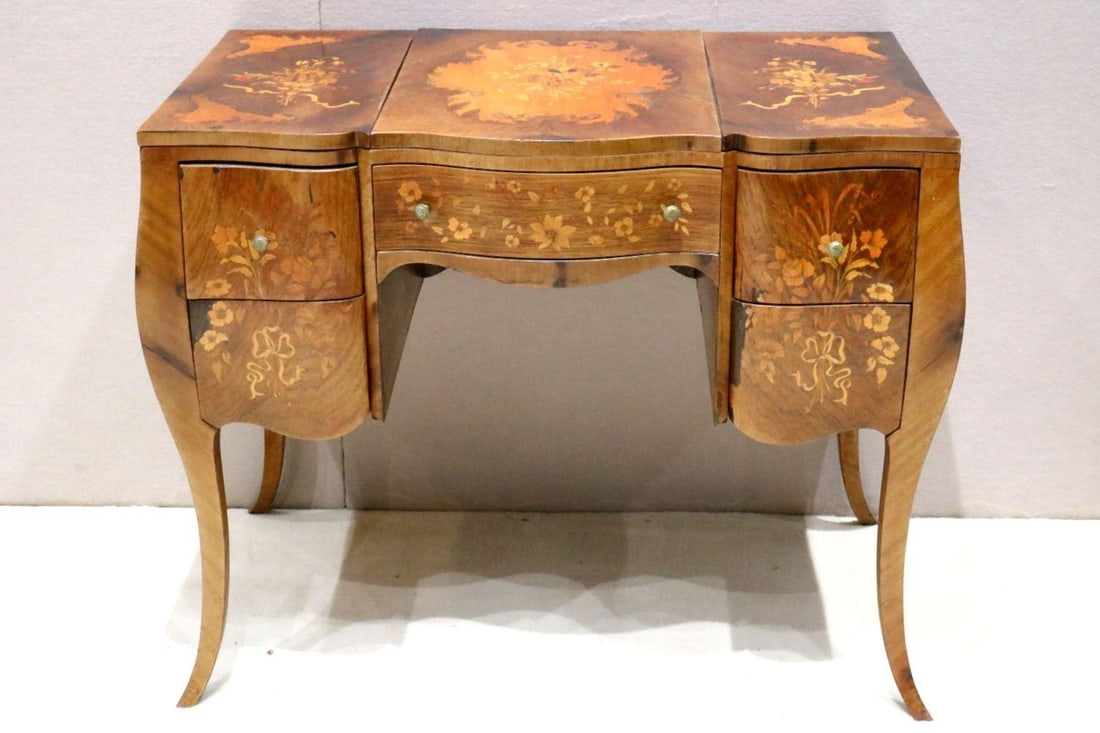 Antique French Louis XV Style Mirrored Marquetry Vanity Table (1 of 12)