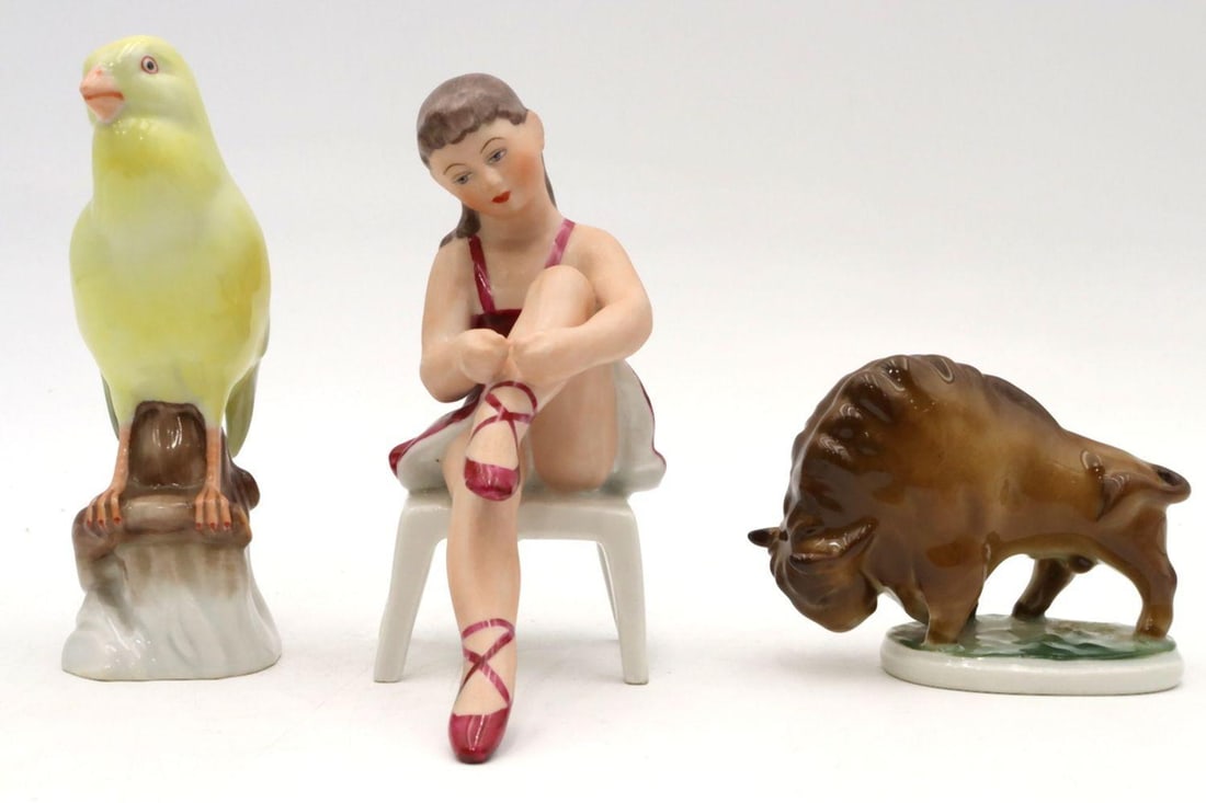 Lot of Capodimonte, Herend and Zsolnay Porcelain Group: Lot of Capodimonte, Herend and Zsolnay Porcelain Group. Contains a hand painted Capodimone ballerina - 5" high x 4" wide, Zsolnay buffalo - 2 1/2" high x 3 1/2" wide and a Herend bird