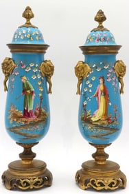 Pair of Gilt Bronze Enamel Painted Urns