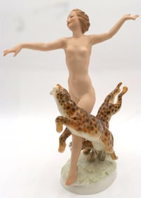 Lorenz Hutschen Reuther Porcelain Figurine, Nude Woman with Leopards