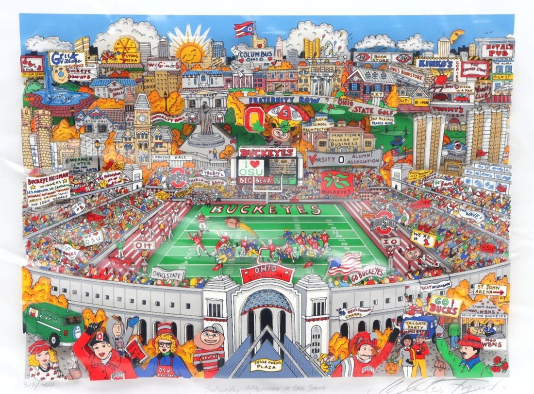 Charles Fazzino "Saturday Afternoon in the Shoe" 3-D Serigraph: Unframed, Charles Fazzino (American, b. 1955) "Saturday Afternoon in the Shoe" 3-D Pop Art Serigraph. Signed lower right, numbered - 317/400. bottom left. Measures approx. - 11" high x 15&