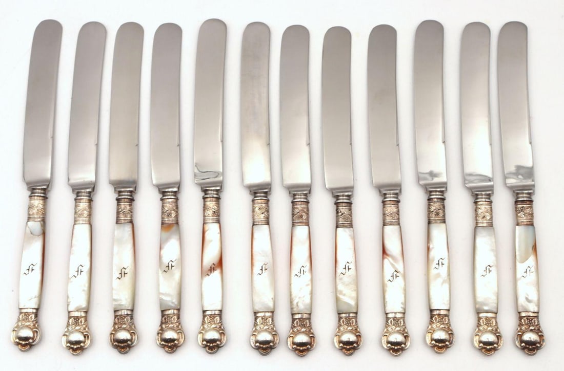 12 Pc. Antique "F" Mother of Pearl Handled Knives (1 of 6)