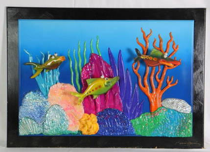 Roark Gourley (American, 1949-Present) Resin Fish Scene: Roark Gourley (American, 1949-Present) Resin Fish Scene. Depicting a multi-colored coral reef scene, 3-dimensionally textured. Measures approx.- 40" width x 29" height. Condition is overall go
