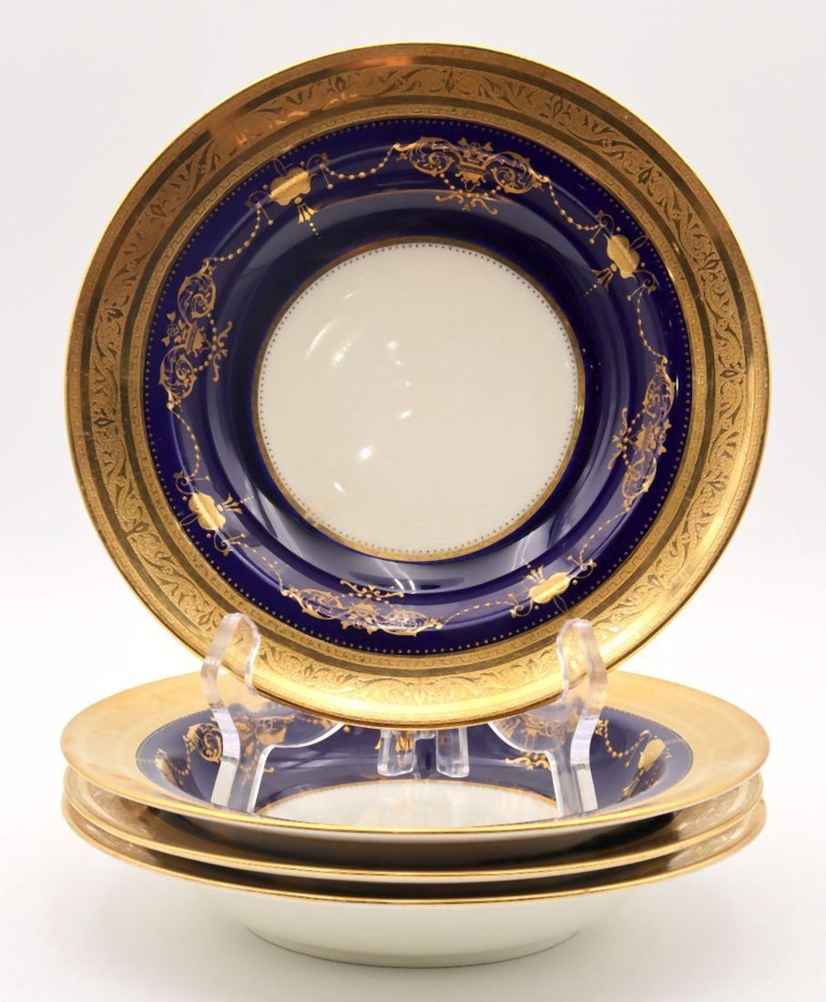 4 Pc. Mintons for Burley & Co. Porcelain Dessert Dishes: 4 Pc. Mintons for Burley & Co. Porcelain Dessert Dishes, in a deep Cobalt Blue design with brilliant gilt accents. Measures approx. 7 3/4" in diameter and just slightly over 1 3/4" in dept