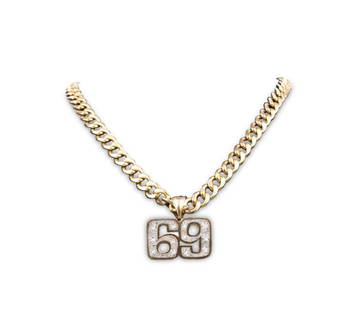 14Kt "69" Yellow Gold Pendant with Necklace: 14Kt "69" Yellow Gold Pendant with Necklace. 14kt curb link necklace measures approx. - 18.5" x 8.45mm in width. Chain weighs approx. 20.8 dwt (32.34 grams). necklace is marked 14Kt and has been