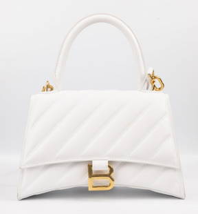 Balenciaga Hourglass White Leather Purse: Balenciaga Italy (Italian) Hourglass White Leather Purse. Overall condition - good, moderate wear. Measures approx. - 6" high x 9" wide x 3 3/4" deep. Original retail approx. - $3,000. Wit