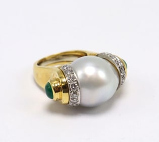 David Webb 18Kt South Sea Pearl, Emerald & Diamond Ring