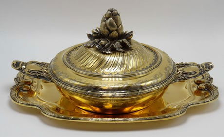 Rare Emile Puiforcat Vermeil Sterling Covered Ecuelle and Stand