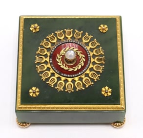 Faberge 19th C. Gold Mounted Nephrite Jade, Jeweled Bell-Push