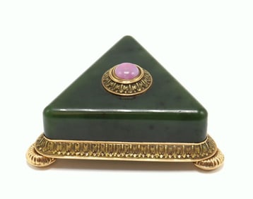 Faberge Early 20th C. Gold Mounted Nephrite Jade Bell-Push