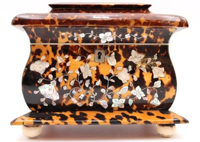 19th C. English Tortoise Shell & Mother of Pearl Tea Caddy Box