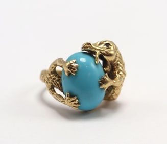 Vintage 14Kt Yellow Gold & Turquoise Alligator Ring