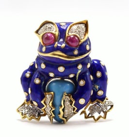 Vintage 18Kt Enamel, Diamond, Ruby & Turquoise Frog Brooch