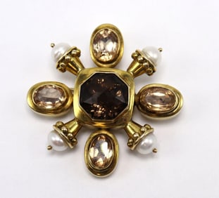 Vintage 14Kt Smoky Quartz & Pearl Brooch