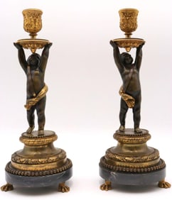 Early 20th C. French Bronze Putti Candlesticks