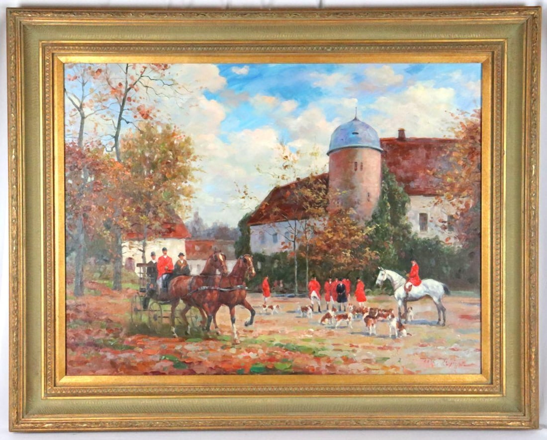 Jack Levine (British, 20th C.) Oil Painting on Canvas: Jack Levine (British, 20th C.) Oil Painting on Canvas. Depicting a fox hunt scene. Measures approx. - 40" wide x 30" high, total with frame - 49 1/2" wide x 39 1/2" high. Have a simila