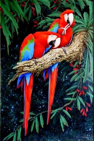 David Ord Kerr (British, 1951) "'Pair of Scarlett Macaws" Oil Painting on Panel
