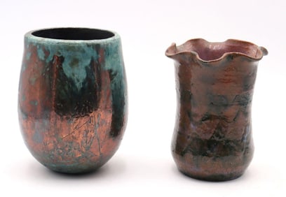 Harold Long (Cherokee) Copper Kokopelli Vase with Textured Clay Pottery Vase