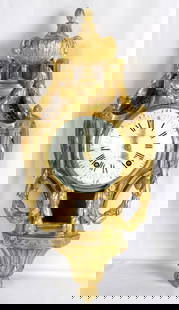 Antique French Louis XVI Gilt Bronze Cartel Clock: Antique French Louis XVI Style Gilt Bronze Cartel Wall Clock. Signed on white enamel clock face "Meunier". Measures approx. - 28" high x 14" wide. Have a similar item to sell? 